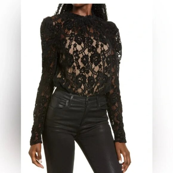 NWT WAYF Black Emma Puff Long Sleeve Chenille Lace Bodysuit, size Medium - Picture 1 of 7